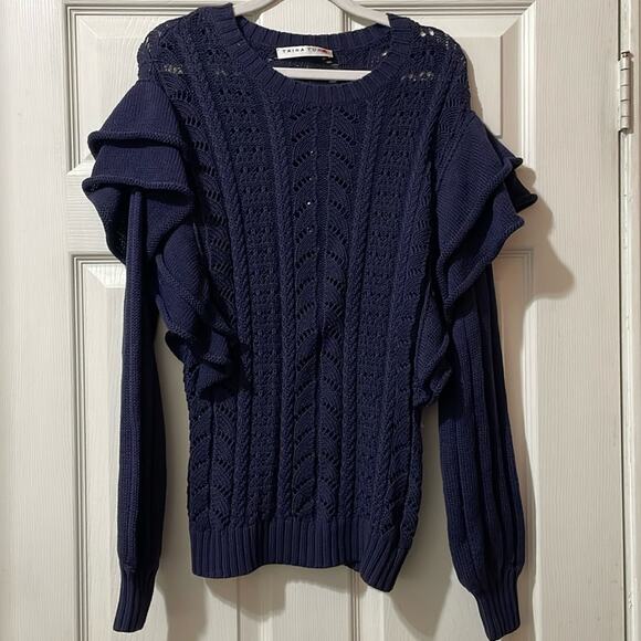 Trina Turk Blue Cable Knit Ruffled Sleeve Sweater M - Picture 1 of 4